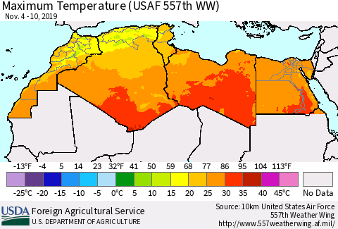 North Africa Mean Maximum Temperature (USAF 557th WW) Thematic Map For 11/4/2019 - 11/10/2019