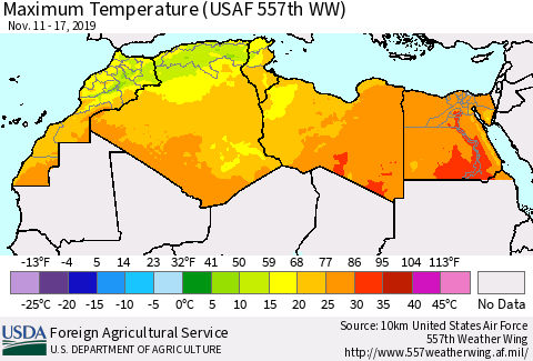 North Africa Mean Maximum Temperature (USAF 557th WW) Thematic Map For 11/11/2019 - 11/17/2019