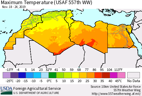 North Africa Mean Maximum Temperature (USAF 557th WW) Thematic Map For 11/18/2019 - 11/24/2019