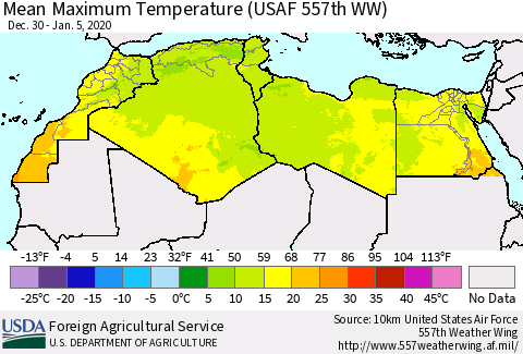 North Africa Mean Maximum Temperature (USAF 557th WW) Thematic Map For 12/30/2019 - 1/5/2020