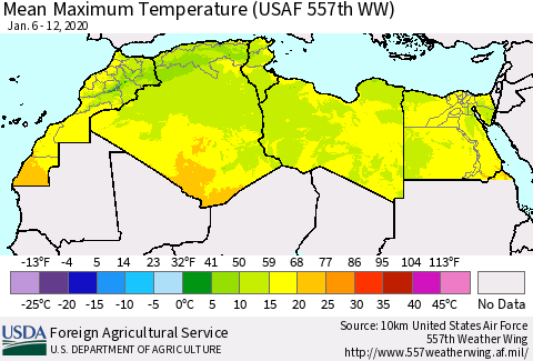 North Africa Mean Maximum Temperature (USAF 557th WW) Thematic Map For 1/6/2020 - 1/12/2020