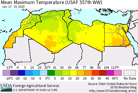 North Africa Mean Maximum Temperature (USAF 557th WW) Thematic Map For 1/13/2020 - 1/19/2020