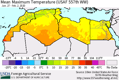 North Africa Mean Maximum Temperature (USAF 557th WW) Thematic Map For 1/27/2020 - 2/2/2020