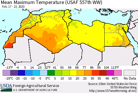 North Africa Mean Maximum Temperature (USAF 557th WW) Thematic Map For 2/17/2020 - 2/23/2020