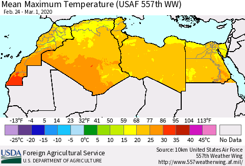North Africa Mean Maximum Temperature (USAF 557th WW) Thematic Map For 2/24/2020 - 3/1/2020