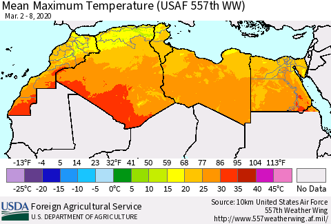 North Africa Mean Maximum Temperature (USAF 557th WW) Thematic Map For 3/2/2020 - 3/8/2020