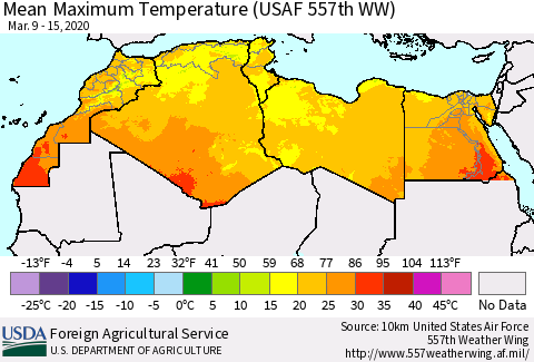 North Africa Mean Maximum Temperature (USAF 557th WW) Thematic Map For 3/9/2020 - 3/15/2020