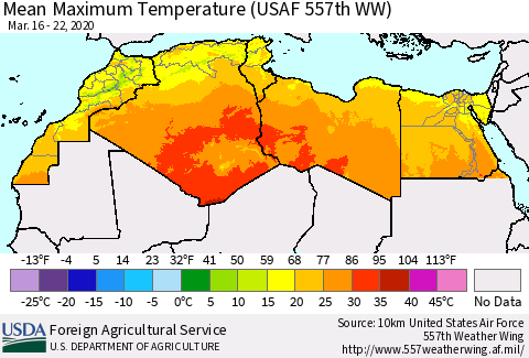North Africa Mean Maximum Temperature (USAF 557th WW) Thematic Map For 3/16/2020 - 3/22/2020