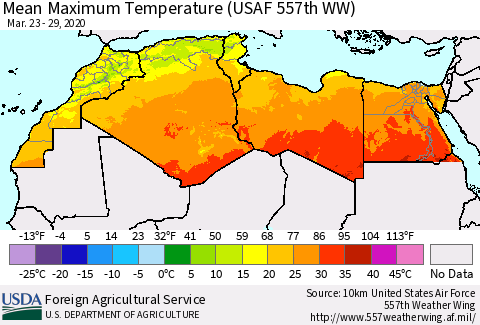 North Africa Mean Maximum Temperature (USAF 557th WW) Thematic Map For 3/23/2020 - 3/29/2020