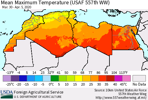 North Africa Mean Maximum Temperature (USAF 557th WW) Thematic Map For 3/30/2020 - 4/5/2020