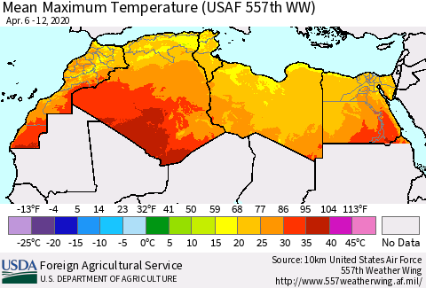 North Africa Mean Maximum Temperature (USAF 557th WW) Thematic Map For 4/6/2020 - 4/12/2020