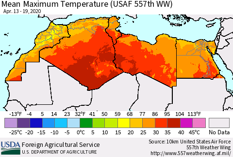 North Africa Mean Maximum Temperature (USAF 557th WW) Thematic Map For 4/13/2020 - 4/19/2020