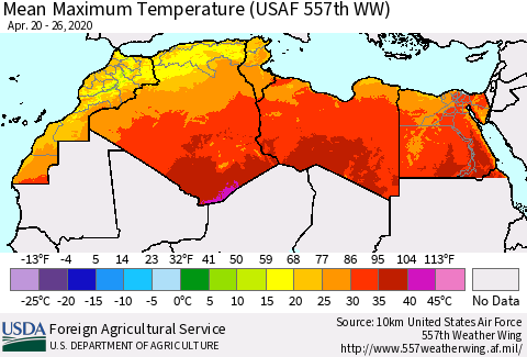 North Africa Mean Maximum Temperature (USAF 557th WW) Thematic Map For 4/20/2020 - 4/26/2020