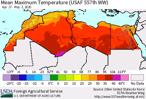 North Africa Mean Maximum Temperature (USAF 557th WW) Thematic Map For 4/27/2020 - 5/3/2020