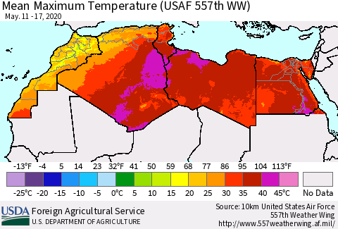 North Africa Mean Maximum Temperature (USAF 557th WW) Thematic Map For 5/11/2020 - 5/17/2020