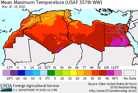 North Africa Mean Maximum Temperature (USAF 557th WW) Thematic Map For 5/18/2020 - 5/24/2020