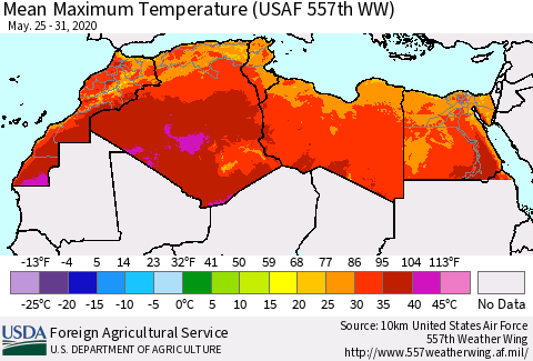 North Africa Mean Maximum Temperature (USAF 557th WW) Thematic Map For 5/25/2020 - 5/31/2020
