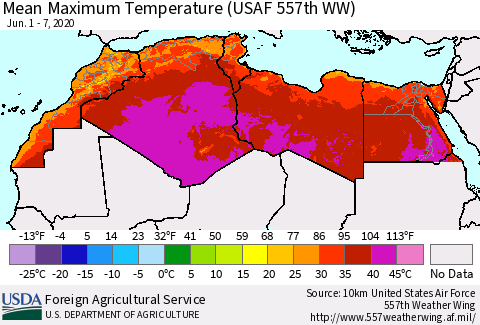 North Africa Mean Maximum Temperature (USAF 557th WW) Thematic Map For 6/1/2020 - 6/7/2020