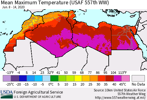 North Africa Mean Maximum Temperature (USAF 557th WW) Thematic Map For 6/8/2020 - 6/14/2020