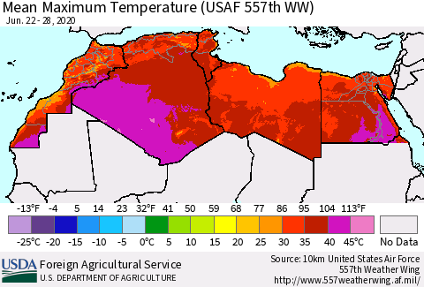 North Africa Mean Maximum Temperature (USAF 557th WW) Thematic Map For 6/22/2020 - 6/28/2020