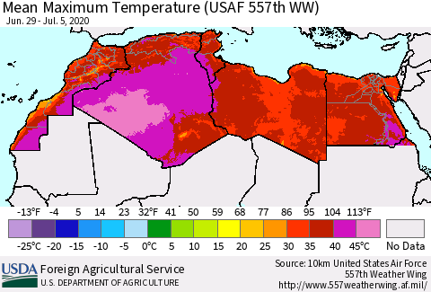 North Africa Mean Maximum Temperature (USAF 557th WW) Thematic Map For 6/29/2020 - 7/5/2020