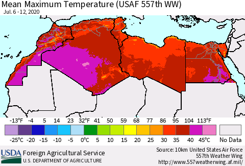 North Africa Mean Maximum Temperature (USAF 557th WW) Thematic Map For 7/6/2020 - 7/12/2020