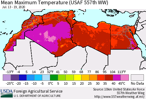 North Africa Mean Maximum Temperature (USAF 557th WW) Thematic Map For 7/13/2020 - 7/19/2020