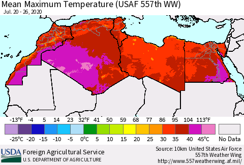 North Africa Mean Maximum Temperature (USAF 557th WW) Thematic Map For 7/20/2020 - 7/26/2020