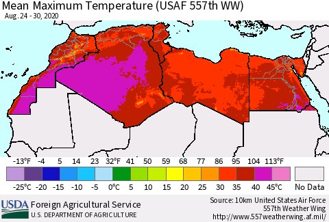 North Africa Mean Maximum Temperature (USAF 557th WW) Thematic Map For 8/24/2020 - 8/30/2020