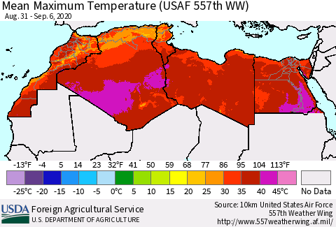 North Africa Mean Maximum Temperature (USAF 557th WW) Thematic Map For 8/31/2020 - 9/6/2020