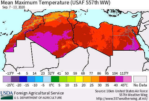 North Africa Mean Maximum Temperature (USAF 557th WW) Thematic Map For 9/7/2020 - 9/13/2020