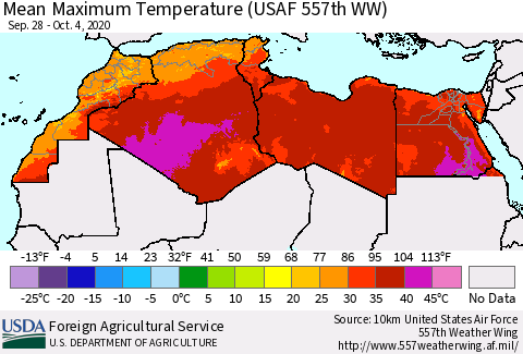 North Africa Mean Maximum Temperature (USAF 557th WW) Thematic Map For 9/28/2020 - 10/4/2020