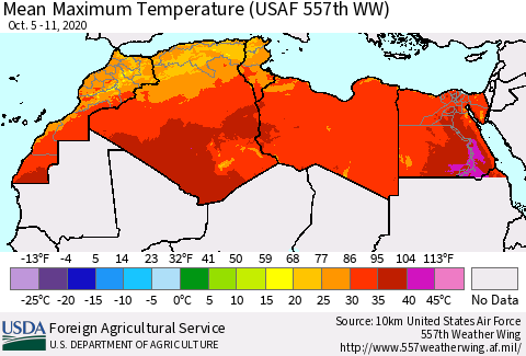 North Africa Mean Maximum Temperature (USAF 557th WW) Thematic Map For 10/5/2020 - 10/11/2020