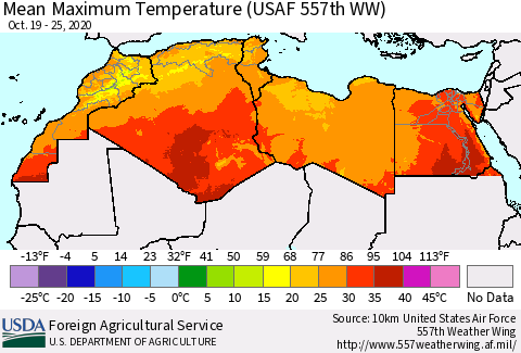 North Africa Mean Maximum Temperature (USAF 557th WW) Thematic Map For 10/19/2020 - 10/25/2020
