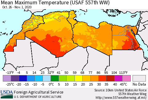 North Africa Mean Maximum Temperature (USAF 557th WW) Thematic Map For 10/26/2020 - 11/1/2020