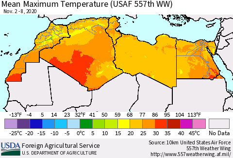 North Africa Mean Maximum Temperature (USAF 557th WW) Thematic Map For 11/2/2020 - 11/8/2020
