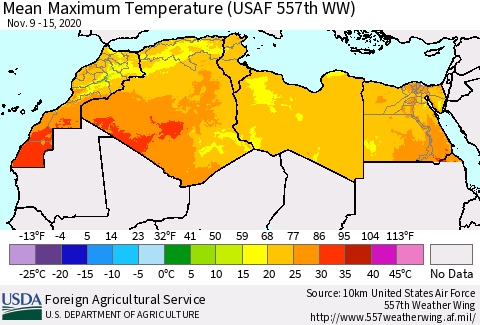 North Africa Mean Maximum Temperature (USAF 557th WW) Thematic Map For 11/9/2020 - 11/15/2020