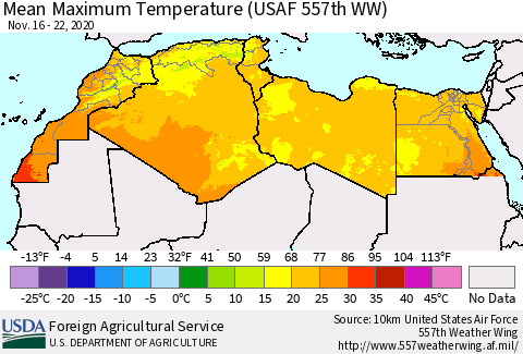 North Africa Mean Maximum Temperature (USAF 557th WW) Thematic Map For 11/16/2020 - 11/22/2020