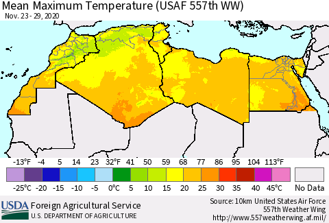 North Africa Mean Maximum Temperature (USAF 557th WW) Thematic Map For 11/23/2020 - 11/29/2020