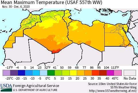North Africa Mean Maximum Temperature (USAF 557th WW) Thematic Map For 11/30/2020 - 12/6/2020