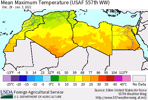 North Africa Mean Maximum Temperature (USAF 557th WW) Thematic Map For 12/28/2020 - 1/3/2021