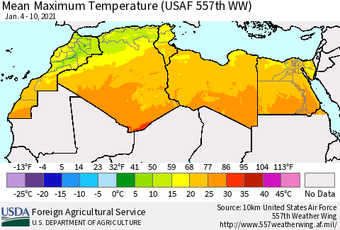 North Africa Mean Maximum Temperature (USAF 557th WW) Thematic Map For 1/4/2021 - 1/10/2021