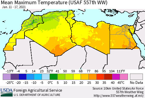 North Africa Mean Maximum Temperature (USAF 557th WW) Thematic Map For 1/11/2021 - 1/17/2021