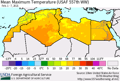 North Africa Mean Maximum Temperature (USAF 557th WW) Thematic Map For 2/1/2021 - 2/7/2021
