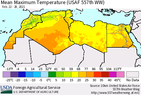 North Africa Mean Maximum Temperature (USAF 557th WW) Thematic Map For 2/22/2021 - 2/28/2021