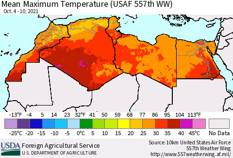 North Africa Mean Maximum Temperature (USAF 557th WW) Thematic Map For 10/4/2021 - 10/10/2021
