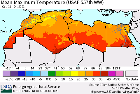 North Africa Mean Maximum Temperature (USAF 557th WW) Thematic Map For 10/18/2021 - 10/24/2021