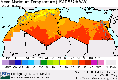 North Africa Mean Maximum Temperature (USAF 557th WW) Thematic Map For 10/25/2021 - 10/31/2021