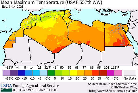 North Africa Mean Maximum Temperature (USAF 557th WW) Thematic Map For 11/8/2021 - 11/14/2021