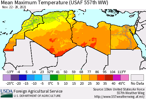 North Africa Mean Maximum Temperature (USAF 557th WW) Thematic Map For 11/22/2021 - 11/28/2021